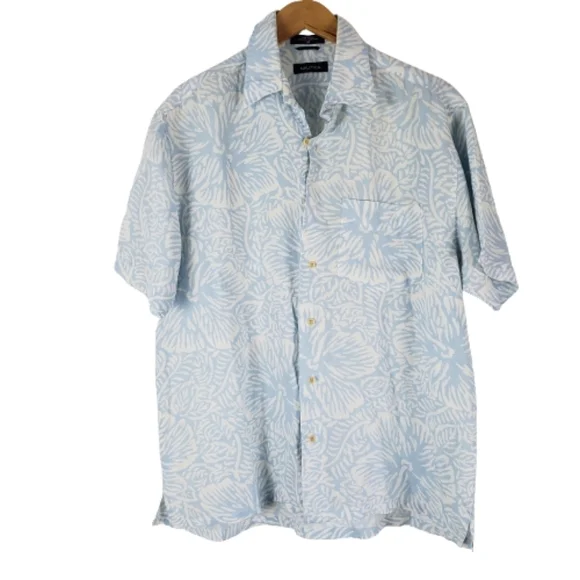 Nautica linen tropical Blue Palm button-down collar top - Picture 1 of 5